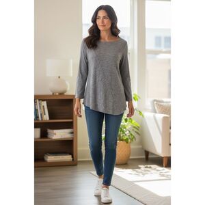 Pure Jill Womens Gray Striped Asymmetrical Tunic Size Medium Petite